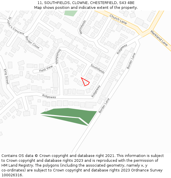 11, SOUTHFIELDS, CLOWNE, CHESTERFIELD, S43 4BE: Location map and indicative extent of plot