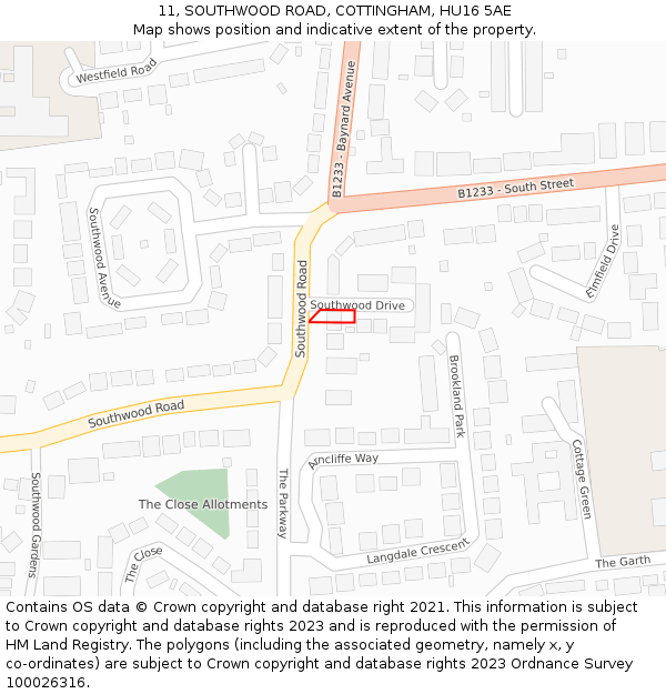 11, SOUTHWOOD ROAD, COTTINGHAM, HU16 5AE: Location map and indicative extent of plot