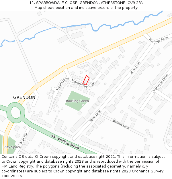 11, SPARROWDALE CLOSE, GRENDON, ATHERSTONE, CV9 2RN: Location map and indicative extent of plot