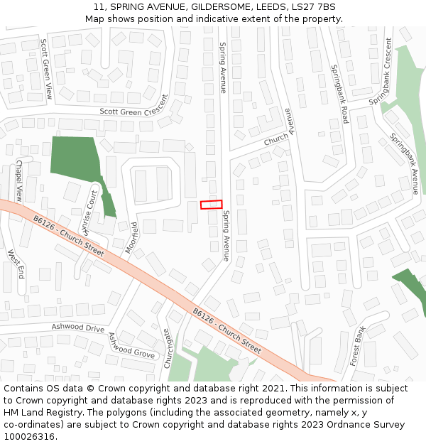 11, SPRING AVENUE, GILDERSOME, LEEDS, LS27 7BS: Location map and indicative extent of plot