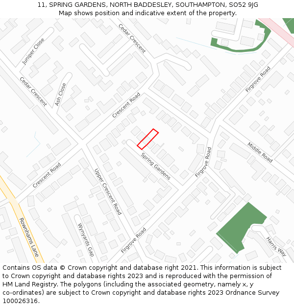 11, SPRING GARDENS, NORTH BADDESLEY, SOUTHAMPTON, SO52 9JG: Location map and indicative extent of plot