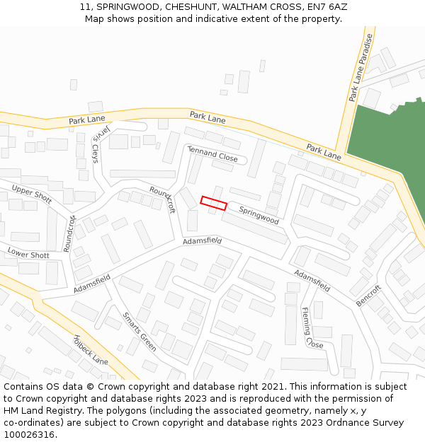 11, SPRINGWOOD, CHESHUNT, WALTHAM CROSS, EN7 6AZ: Location map and indicative extent of plot