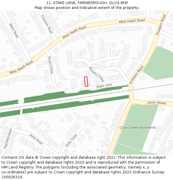 11, STAKE LANE, FARNBOROUGH, GU14 8NP: Location map and indicative extent of plot