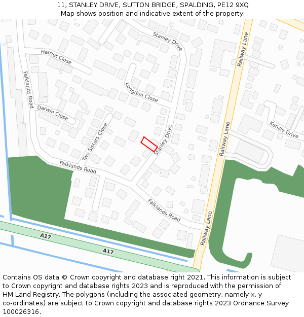 11, STANLEY DRIVE, SUTTON BRIDGE, SPALDING, PE12 9XQ: Location map and indicative extent of plot