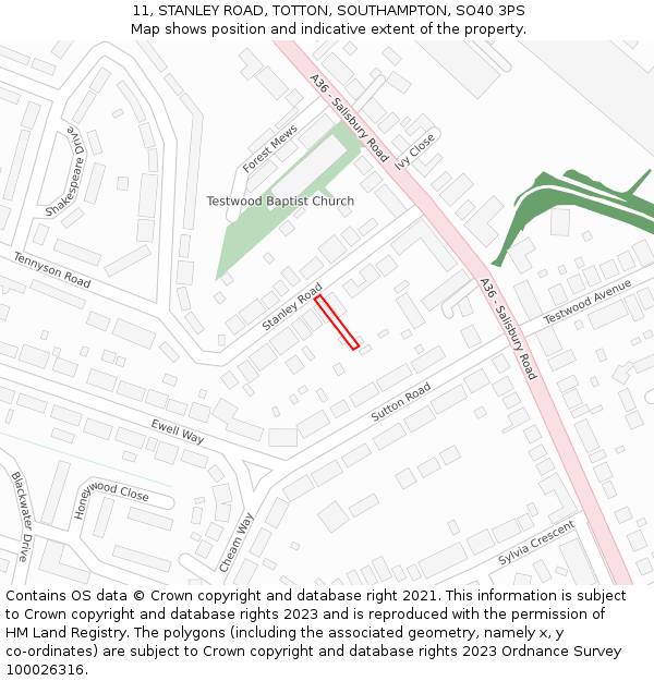 11, STANLEY ROAD, TOTTON, SOUTHAMPTON, SO40 3PS: Location map and indicative extent of plot