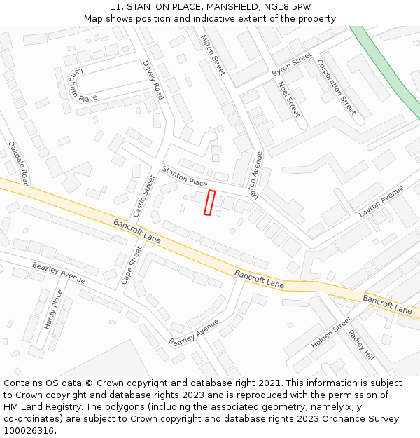 11, STANTON PLACE, MANSFIELD, NG18 5PW: Location map and indicative extent of plot