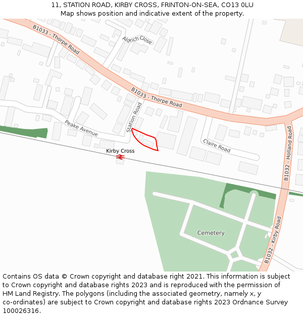 11, STATION ROAD, KIRBY CROSS, FRINTON-ON-SEA, CO13 0LU: Location map and indicative extent of plot