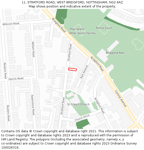 11, STRATFORD ROAD, WEST BRIDGFORD, NOTTINGHAM, NG2 6AZ: Location map and indicative extent of plot