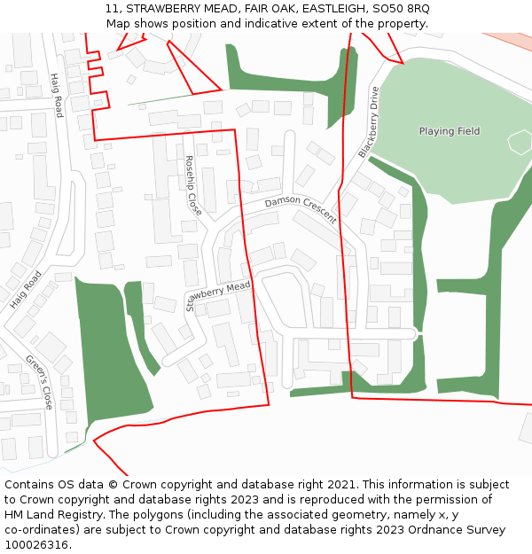 11, STRAWBERRY MEAD, FAIR OAK, EASTLEIGH, SO50 8RQ: Location map and indicative extent of plot