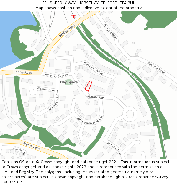 11, SUFFOLK WAY, HORSEHAY, TELFORD, TF4 3UL: Location map and indicative extent of plot