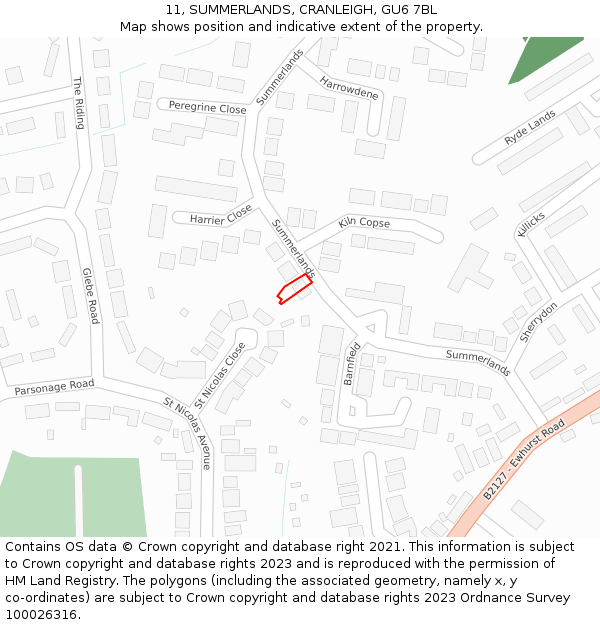 11, SUMMERLANDS, CRANLEIGH, GU6 7BL: Location map and indicative extent of plot