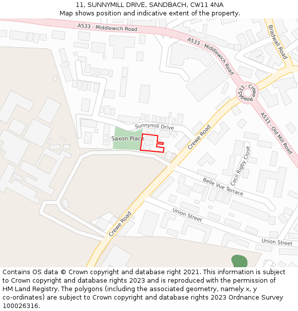 11, SUNNYMILL DRIVE, SANDBACH, CW11 4NA: Location map and indicative extent of plot