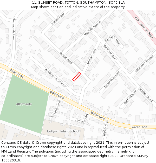 11, SUNSET ROAD, TOTTON, SOUTHAMPTON, SO40 3LA: Location map and indicative extent of plot