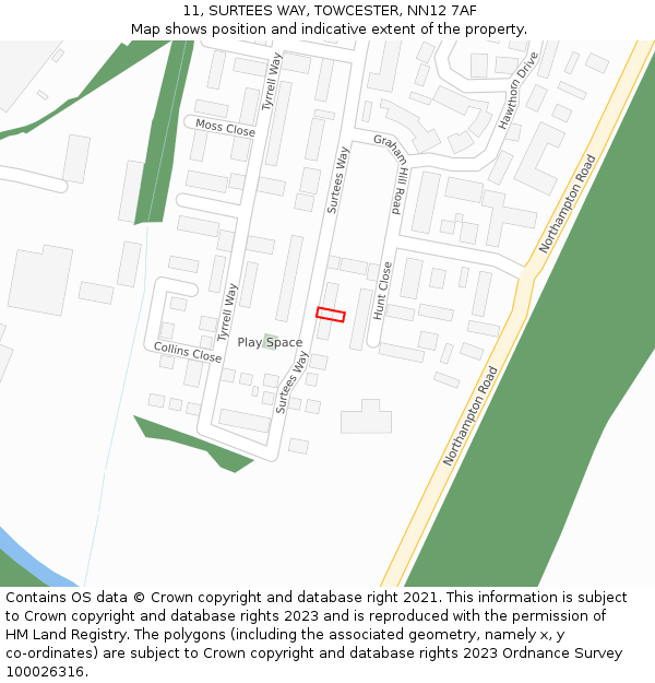 11, SURTEES WAY, TOWCESTER, NN12 7AF: Location map and indicative extent of plot