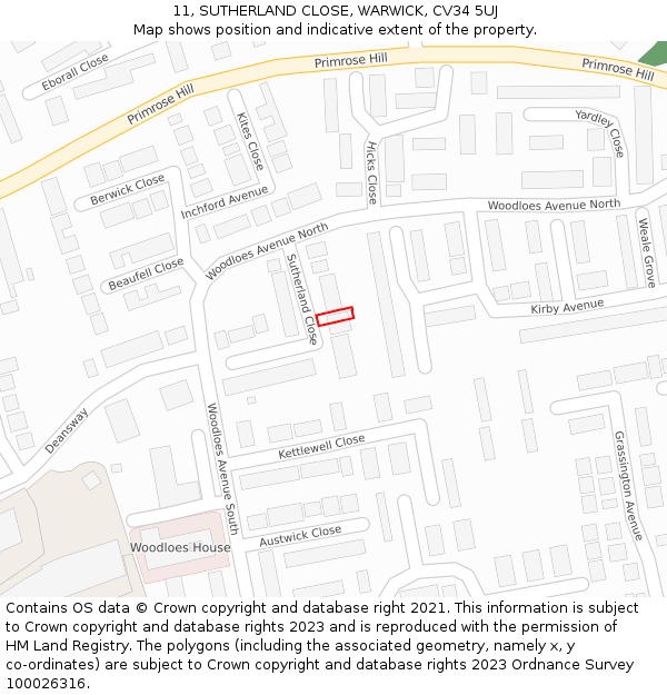 11, SUTHERLAND CLOSE, WARWICK, CV34 5UJ: Location map and indicative extent of plot