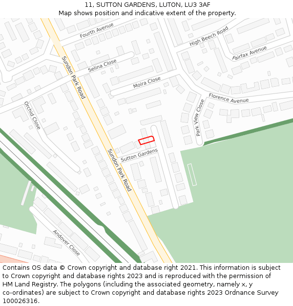 11, SUTTON GARDENS, LUTON, LU3 3AF: Location map and indicative extent of plot