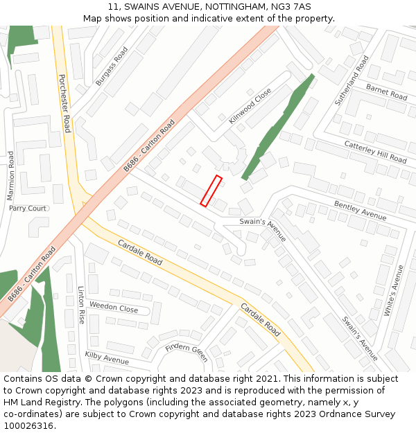 11, SWAINS AVENUE, NOTTINGHAM, NG3 7AS: Location map and indicative extent of plot