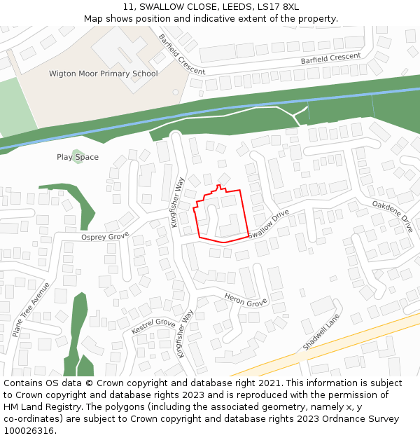 11, SWALLOW CLOSE, LEEDS, LS17 8XL: Location map and indicative extent of plot
