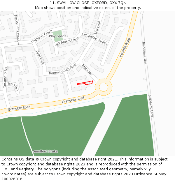 11, SWALLOW CLOSE, OXFORD, OX4 7QN: Location map and indicative extent of plot