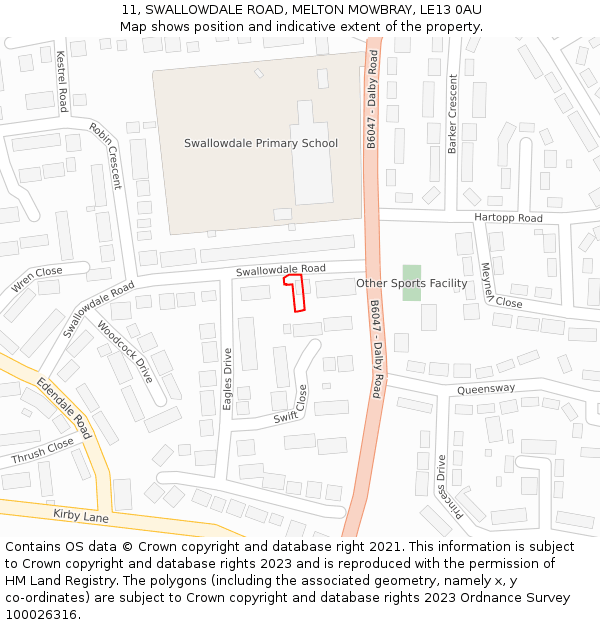 11, SWALLOWDALE ROAD, MELTON MOWBRAY, LE13 0AU: Location map and indicative extent of plot