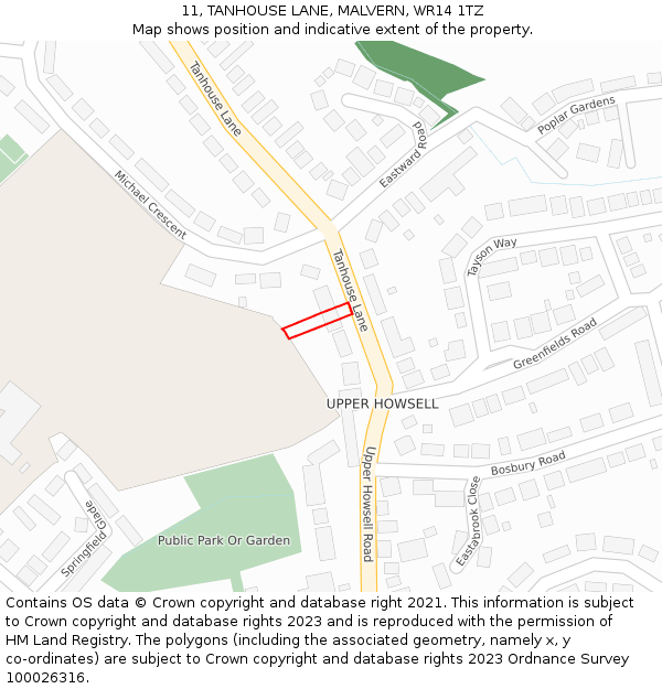 11, TANHOUSE LANE, MALVERN, WR14 1TZ: Location map and indicative extent of plot