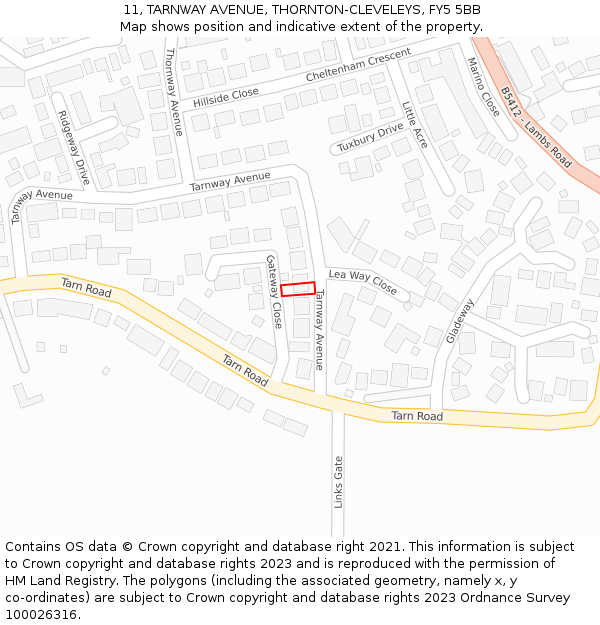 11, TARNWAY AVENUE, THORNTON-CLEVELEYS, FY5 5BB: Location map and indicative extent of plot