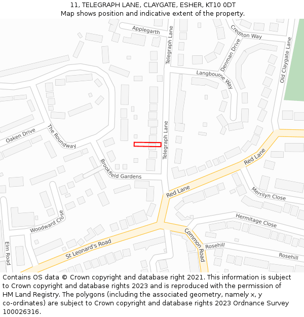 11, TELEGRAPH LANE, CLAYGATE, ESHER, KT10 0DT: Location map and indicative extent of plot