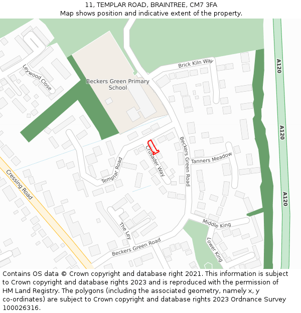 11, TEMPLAR ROAD, BRAINTREE, CM7 3FA: Location map and indicative extent of plot