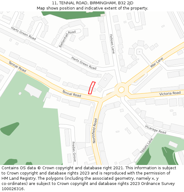 11, TENNAL ROAD, BIRMINGHAM, B32 2JD: Location map and indicative extent of plot