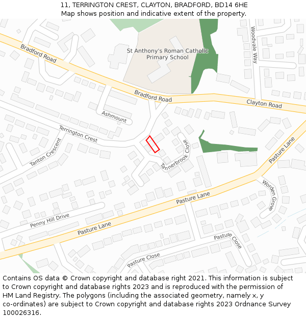 11, TERRINGTON CREST, CLAYTON, BRADFORD, BD14 6HE: Location map and indicative extent of plot