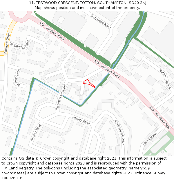 11, TESTWOOD CRESCENT, TOTTON, SOUTHAMPTON, SO40 3NJ: Location map and indicative extent of plot