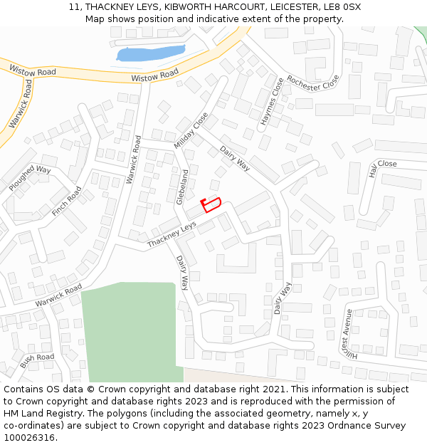 11, THACKNEY LEYS, KIBWORTH HARCOURT, LEICESTER, LE8 0SX: Location map and indicative extent of plot