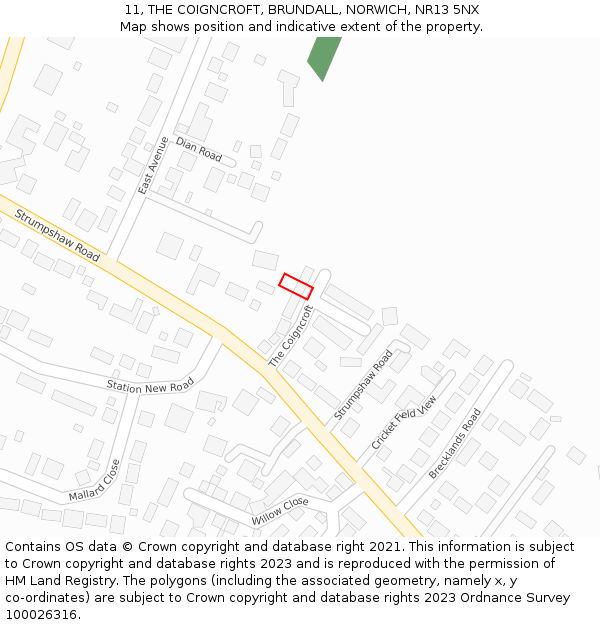 11, THE COIGNCROFT, BRUNDALL, NORWICH, NR13 5NX: Location map and indicative extent of plot