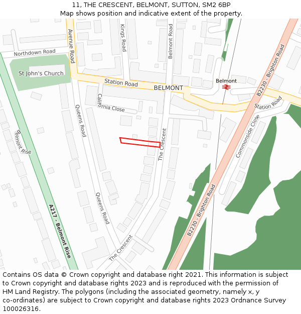 11, THE CRESCENT, BELMONT, SUTTON, SM2 6BP: Location map and indicative extent of plot