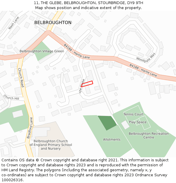 11, THE GLEBE, BELBROUGHTON, STOURBRIDGE, DY9 9TH: Location map and indicative extent of plot