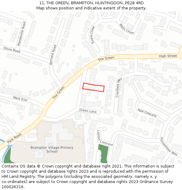 11, THE GREEN, BRAMPTON, HUNTINGDON, PE28 4RD: Location map and indicative extent of plot