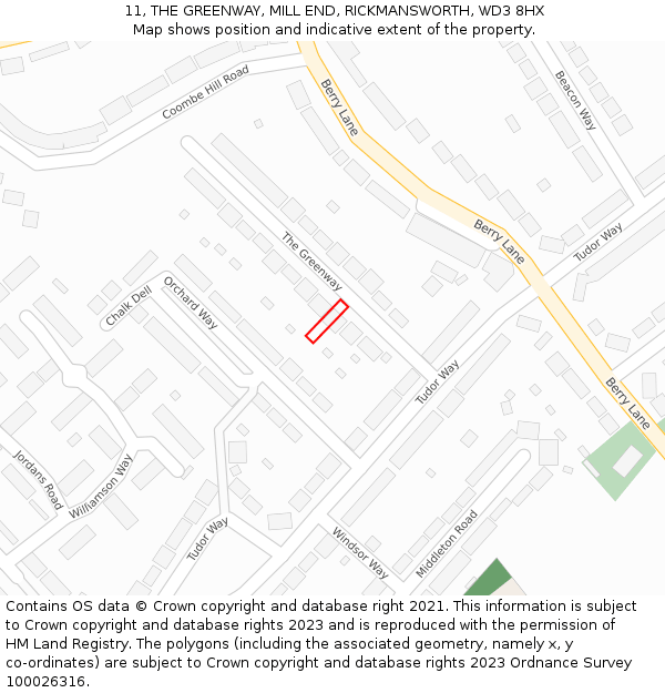 11, THE GREENWAY, MILL END, RICKMANSWORTH, WD3 8HX: Location map and indicative extent of plot