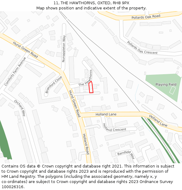 11, THE HAWTHORNS, OXTED, RH8 9PX: Location map and indicative extent of plot