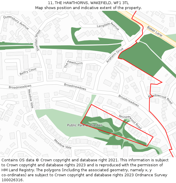 11, THE HAWTHORNS, WAKEFIELD, WF1 3TL: Location map and indicative extent of plot