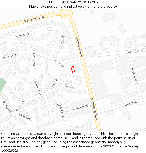 11, THE JAYS, SANDY, SG19 2UY: Location map and indicative extent of plot