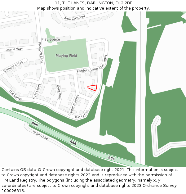 11, THE LANES, DARLINGTON, DL2 2BF: Location map and indicative extent of plot