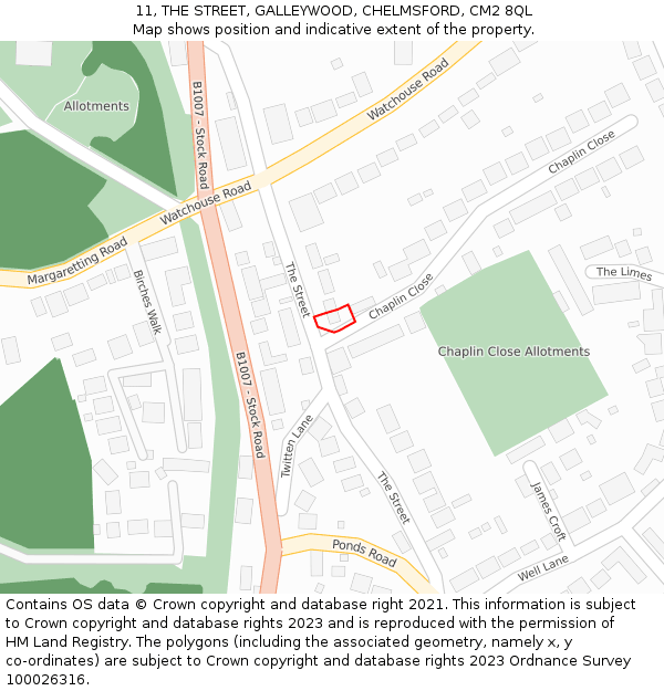 11, THE STREET, GALLEYWOOD, CHELMSFORD, CM2 8QL: Location map and indicative extent of plot