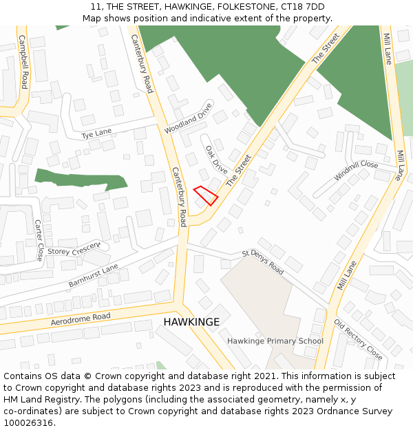 11, THE STREET, HAWKINGE, FOLKESTONE, CT18 7DD: Location map and indicative extent of plot