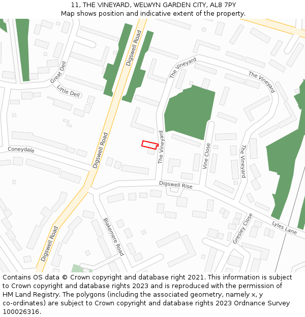 11, THE VINEYARD, WELWYN GARDEN CITY, AL8 7PY: Location map and indicative extent of plot