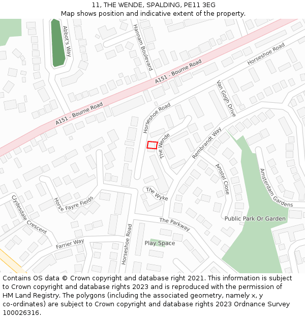 11, THE WENDE, SPALDING, PE11 3EG: Location map and indicative extent of plot