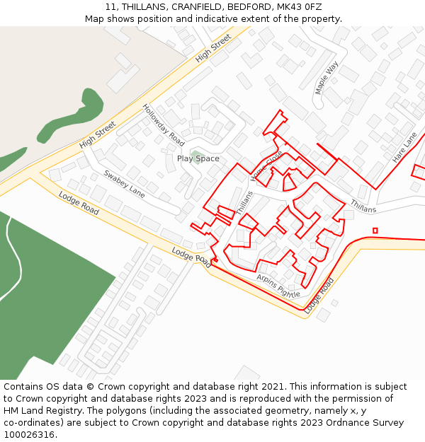11, THILLANS, CRANFIELD, BEDFORD, MK43 0FZ: Location map and indicative extent of plot