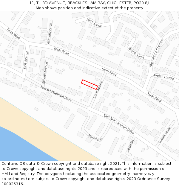 11, THIRD AVENUE, BRACKLESHAM BAY, CHICHESTER, PO20 8JL: Location map and indicative extent of plot