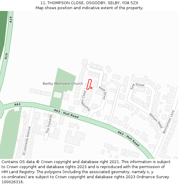 11, THOMPSON CLOSE, OSGODBY, SELBY, YO8 5ZX: Location map and indicative extent of plot