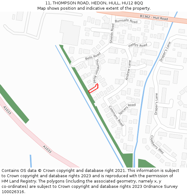 11, THOMPSON ROAD, HEDON, HULL, HU12 8QQ: Location map and indicative extent of plot