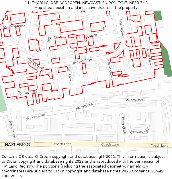 11, THORN CLOSE, WIDEOPEN, NEWCASTLE UPON TYNE, NE13 7HR: Location map and indicative extent of plot